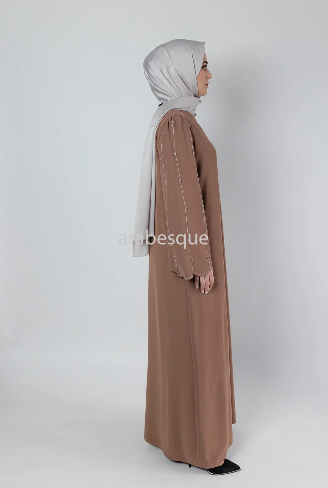 Pastel Brown Stone work Sleeve Closed Abaya