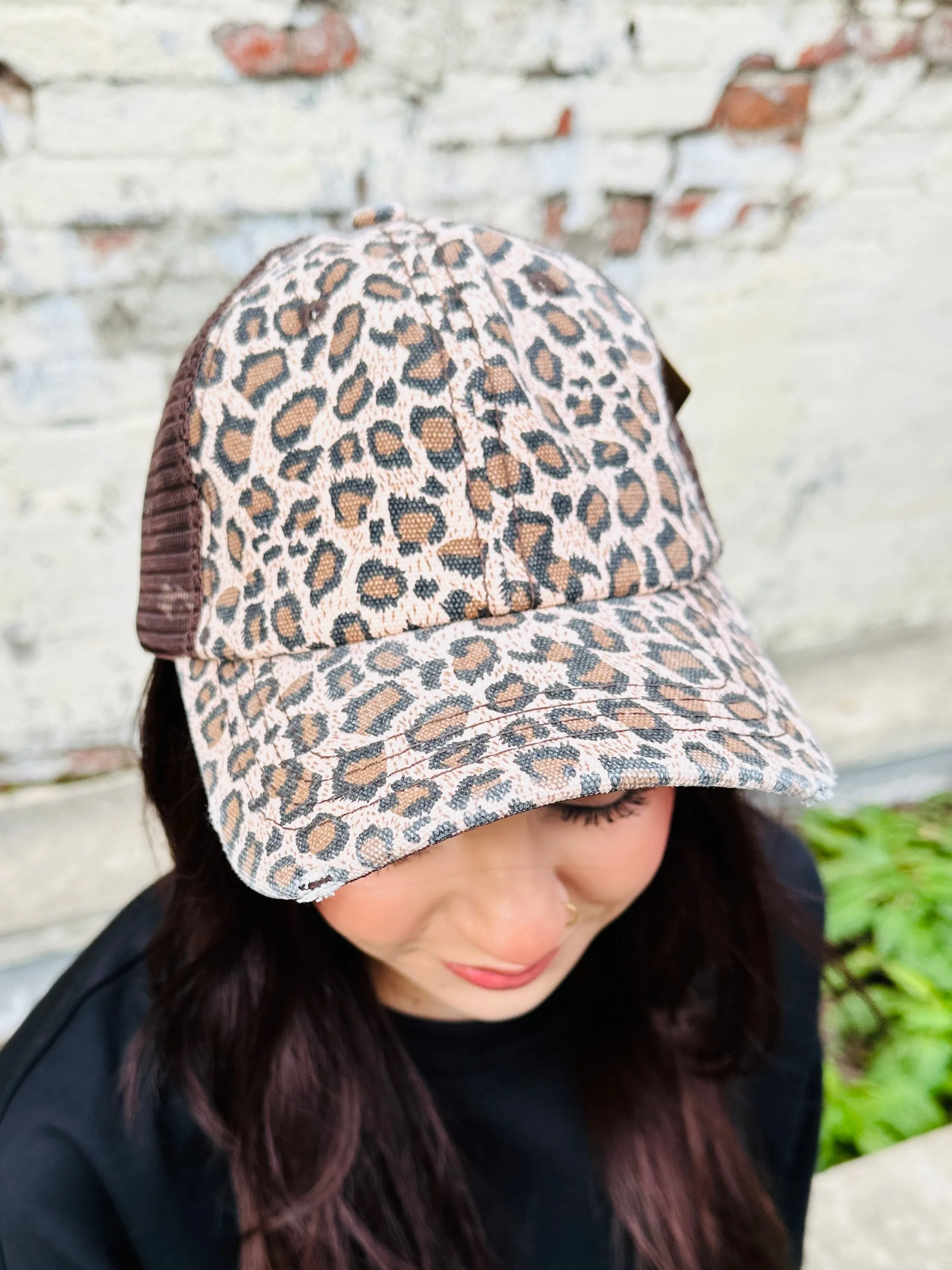 Pink Leopard Pony Tail Hat  Brown Mesh