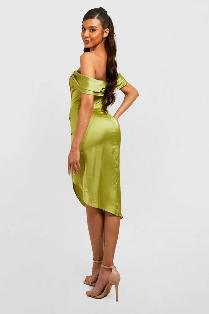 Satin corset bardot drape midi dress in chartreuse