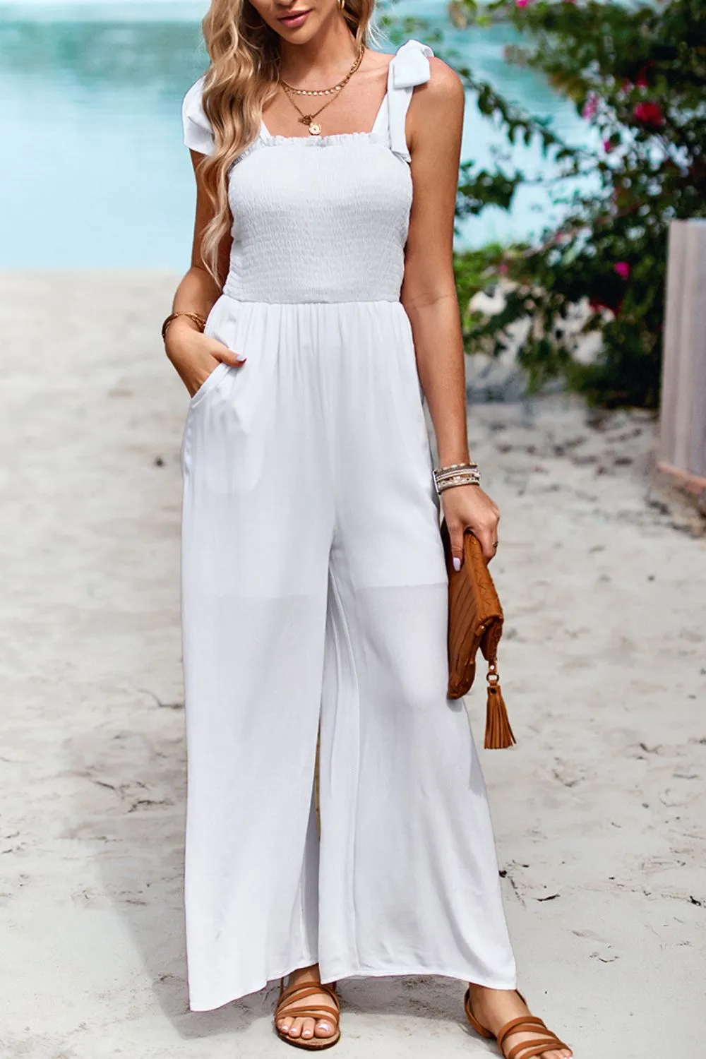 Sunset and Swim Frill Trim Tie Shoulder Wide Leg Jumpsuit with Pockets