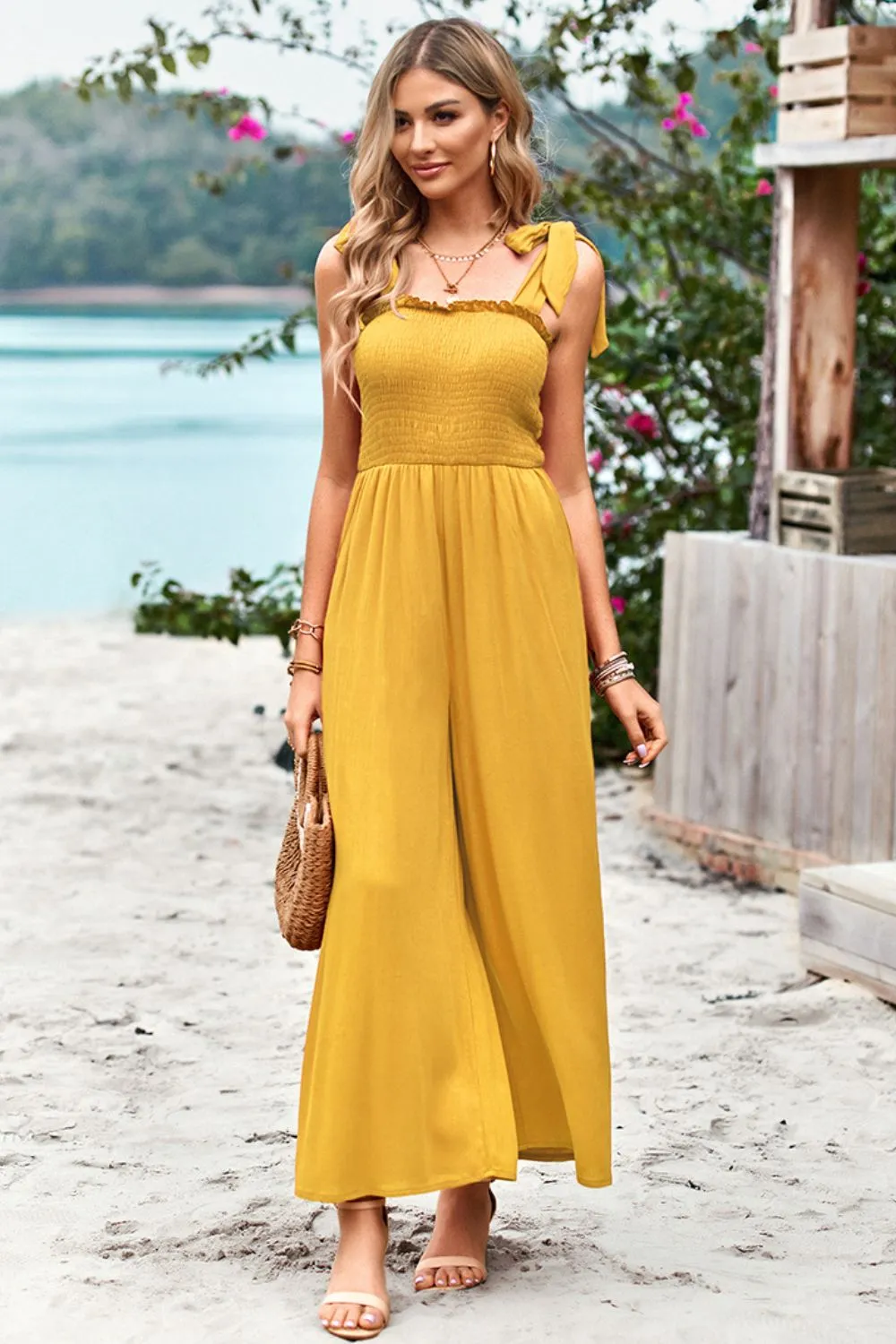 Sunset and Swim Frill Trim Tie Shoulder Wide Leg Jumpsuit with Pockets