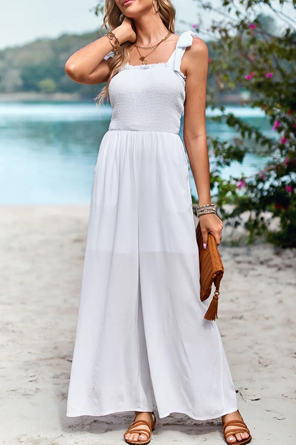 Sunset and Swim Frill Trim Tie Shoulder Wide Leg Jumpsuit with Pockets