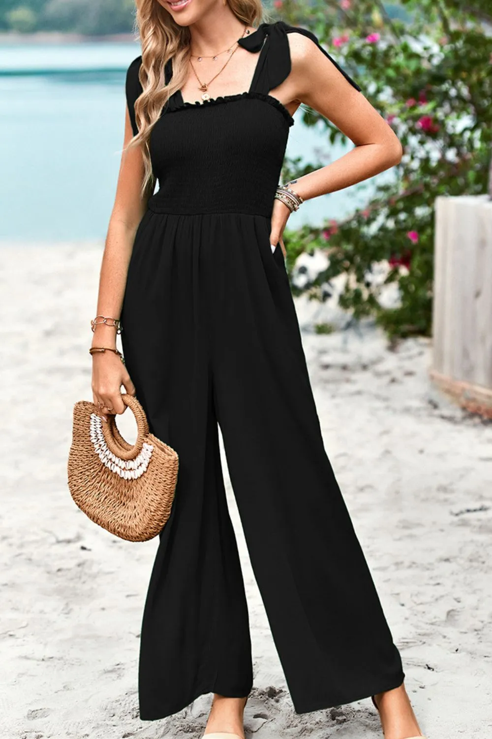 Sunset and Swim Frill Trim Tie Shoulder Wide Leg Jumpsuit with Pockets