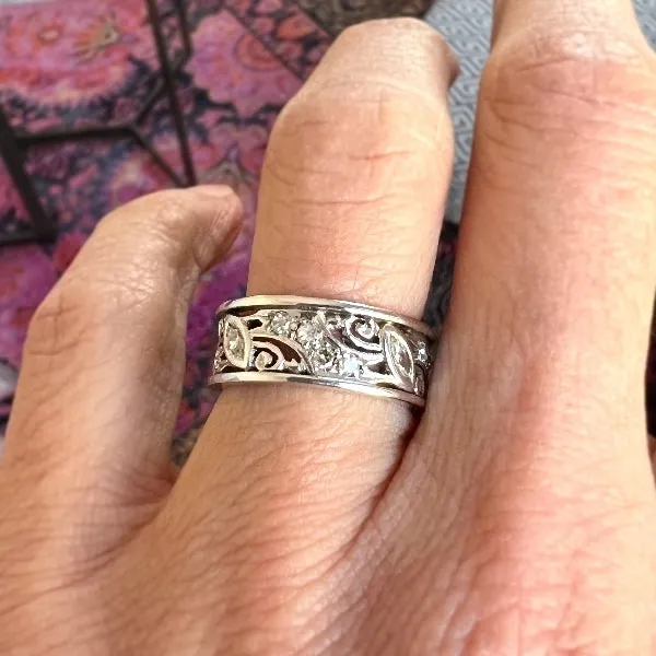 Vintage Wide Patterned Diamond Eternity Band, Size 6