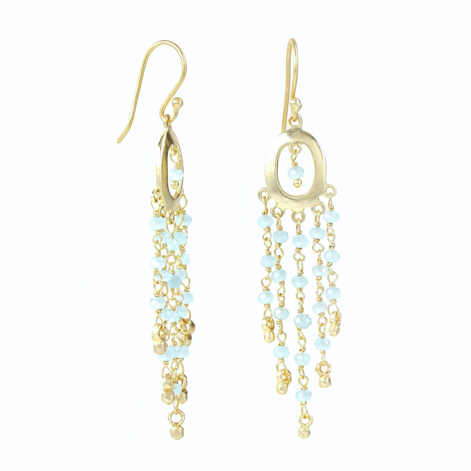 Waterfall Cascade Aqua Chalcedony Bead Chandelier Earrings Gold Plated